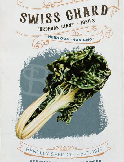 Front of heirloom Fordhook Giant Swiss Chard seed packet. 