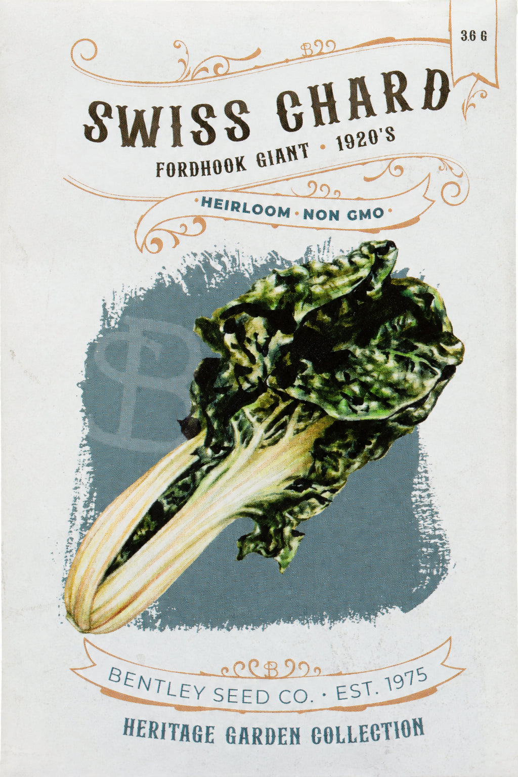 Front of heirloom Fordhook Giant Swiss Chard seed packet. 