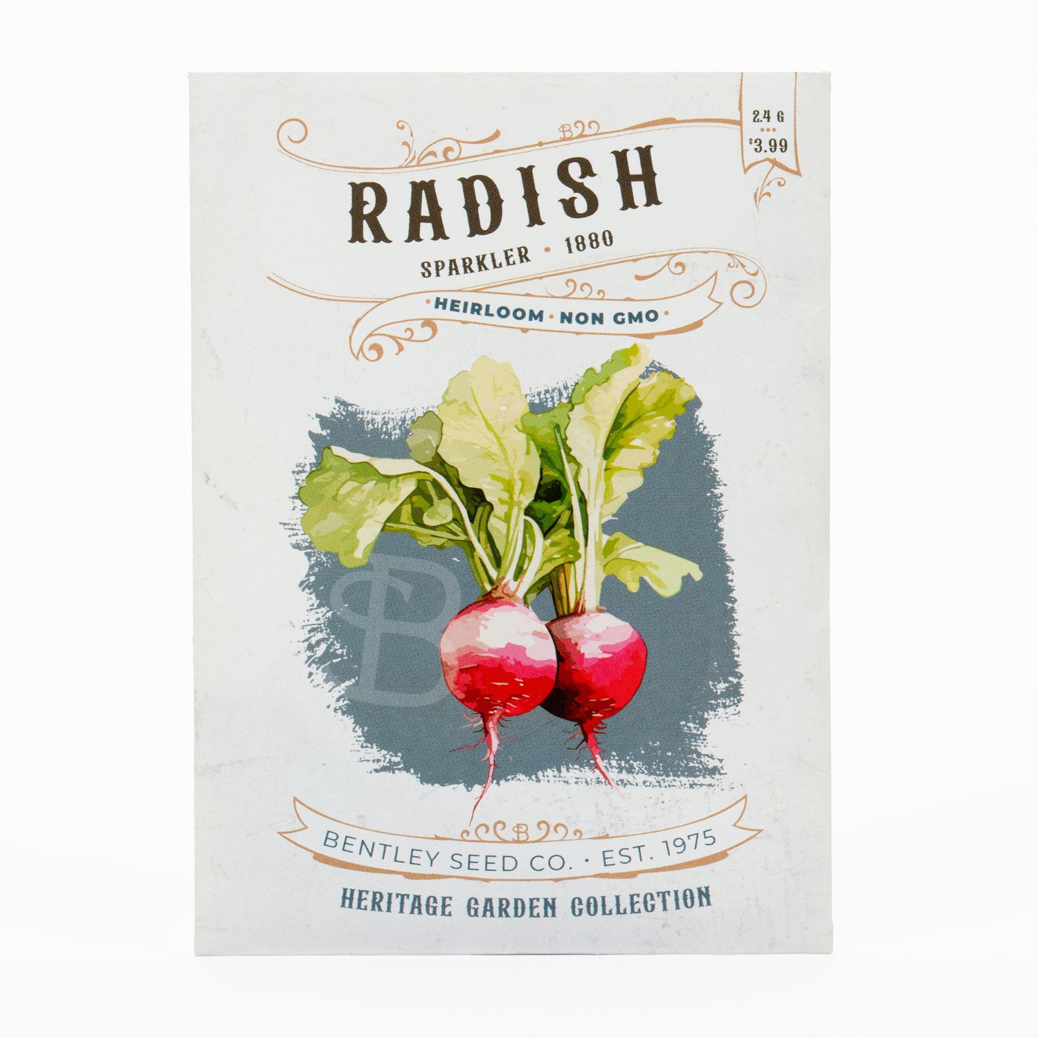 Front of heirloom Radish seed packet.