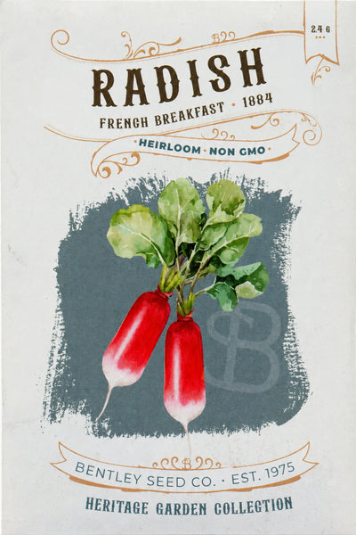 Front of heirloom French Breakfast Radish seed packet.
