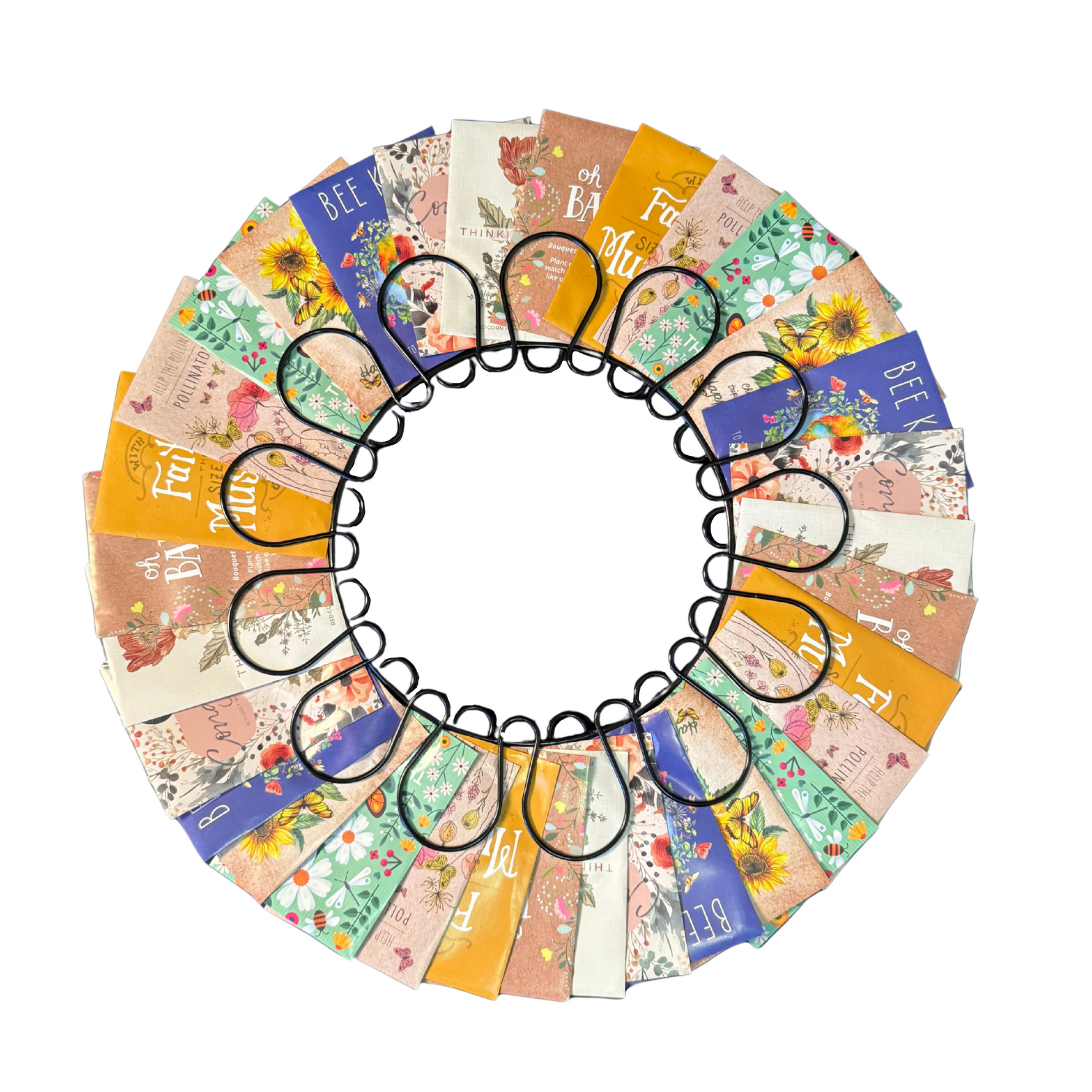 Circular arrangement of colorful seed packet cards with floral designs and text on a white background