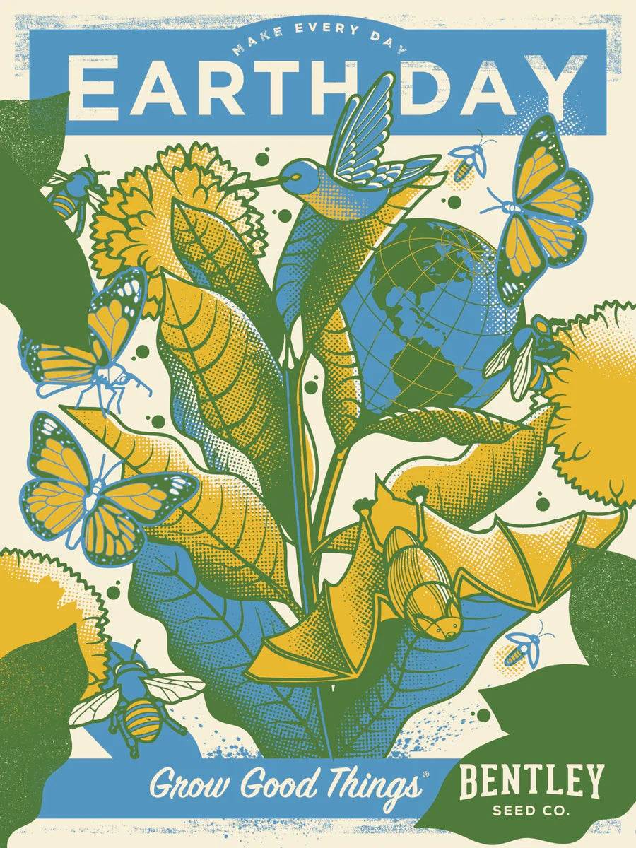 Earth Day poster with nature elements and Bentley Seed Co branding