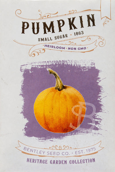 Front of Small Sugar Pumpkin heirloom seed packet.