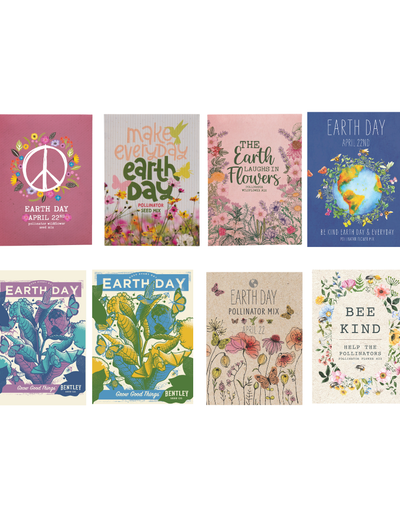 Set of Earth Day-themed seed packets on a white background