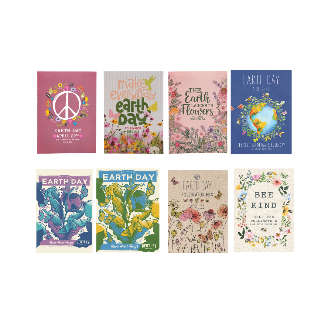 Set of Earth Day-themed seed packets on a white background