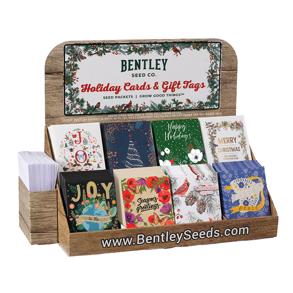 Bentley Seed Co. holiday seed packet cards and gift tags with a display.