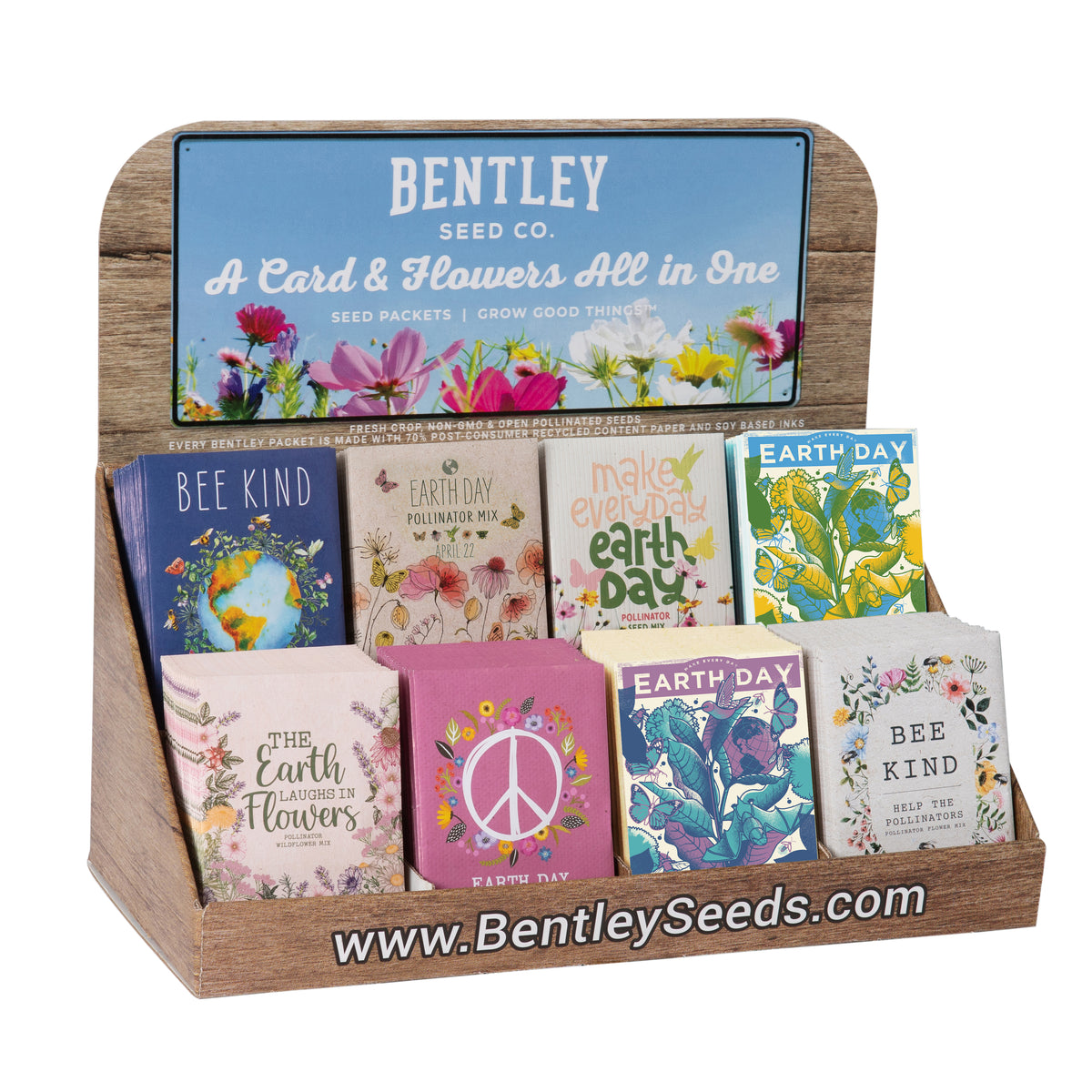 Display of Bentley Seed Co. seed packets with various designs and messages.