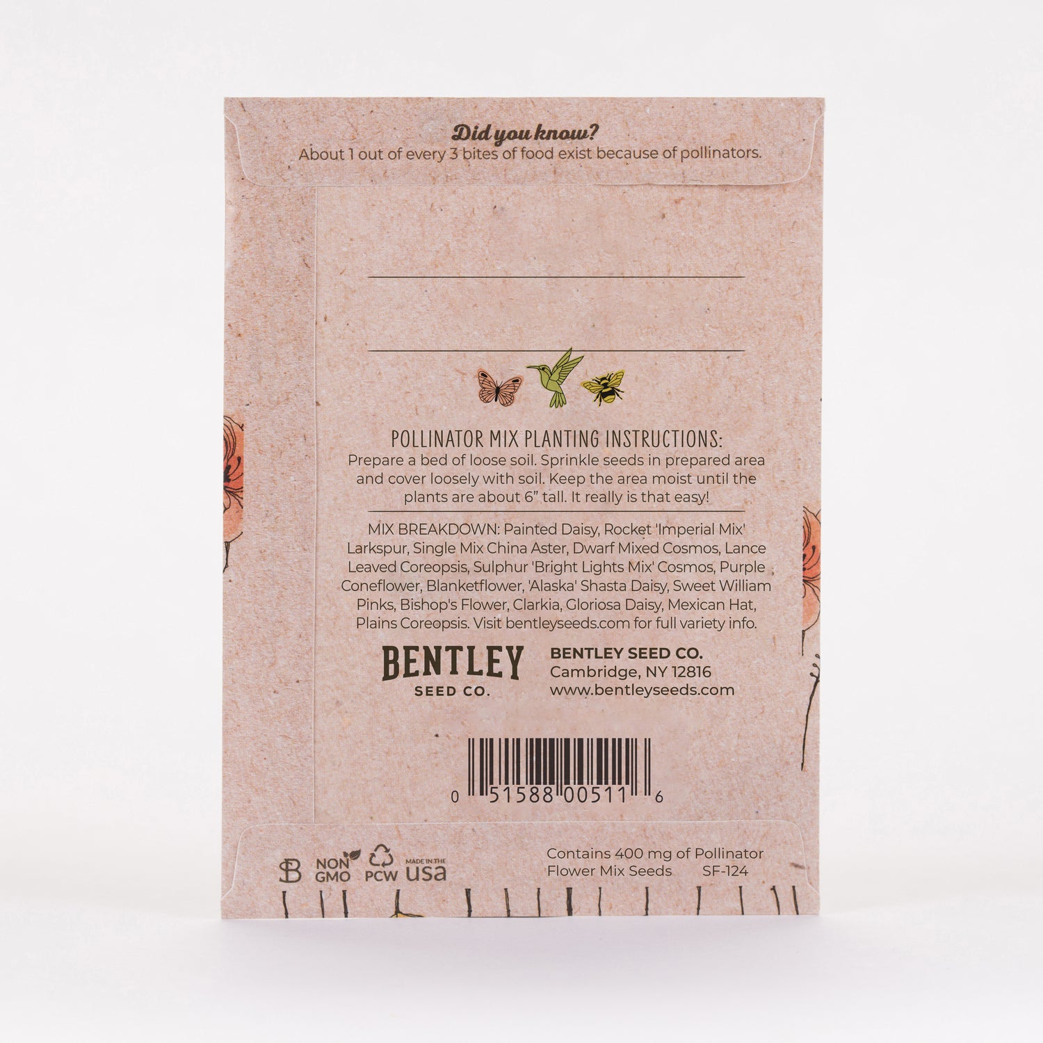 Pollinator Butterfly Pollinator Wildflower Mix Seed Packet - Write Your Own Personalized Message - fits into an envelope with no additional postage required - Bentley Seed