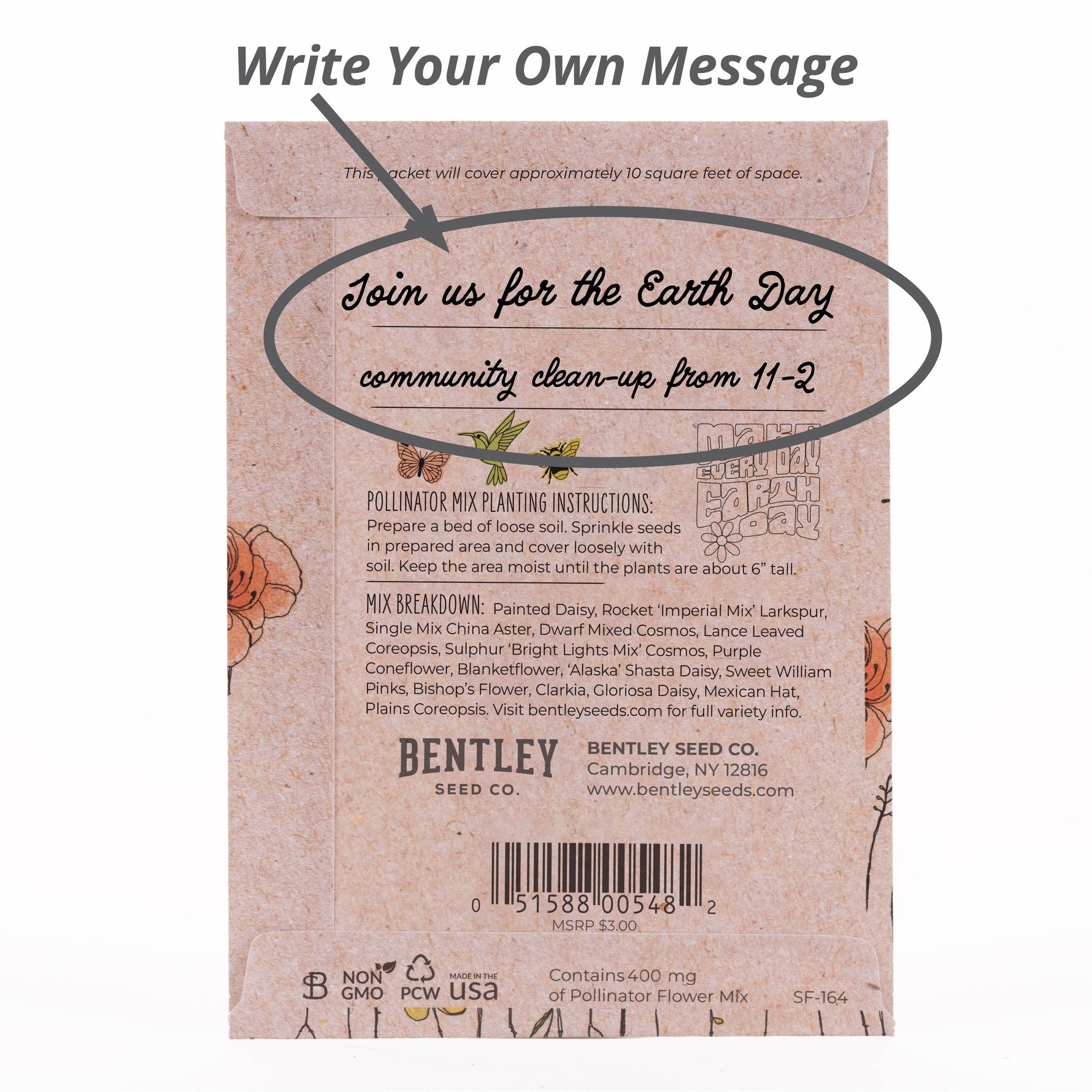 Earth Day "Pollinator Mix" Wildflower Seed in Butterfly Packet - Bentley Seed - write a personal message