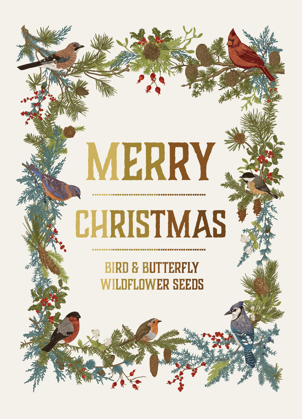 Merry Christmas Wreath of Birds Gift Tag - Bird & Butterfly Wildflower Mix Seed Packets - Bentley Seeds