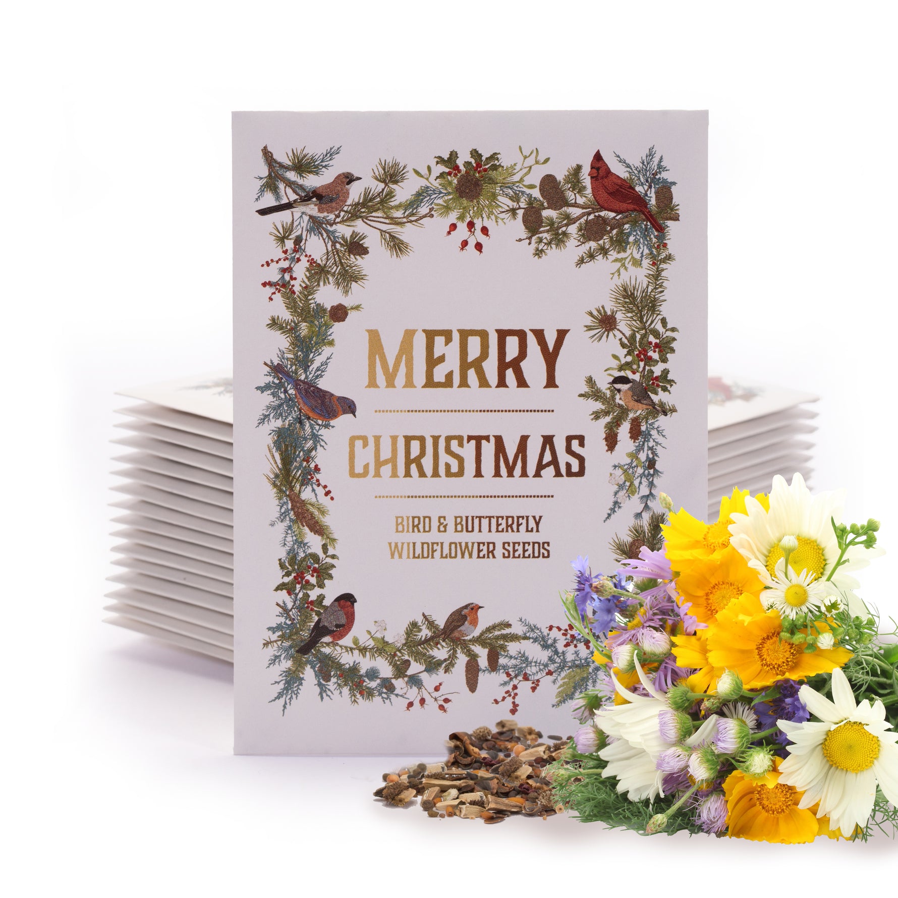 Merry Christmas Wreath of Birds Gift Tag - Bird & Butterfly Wildflower Mix Seed Packets - Bentley Seeds