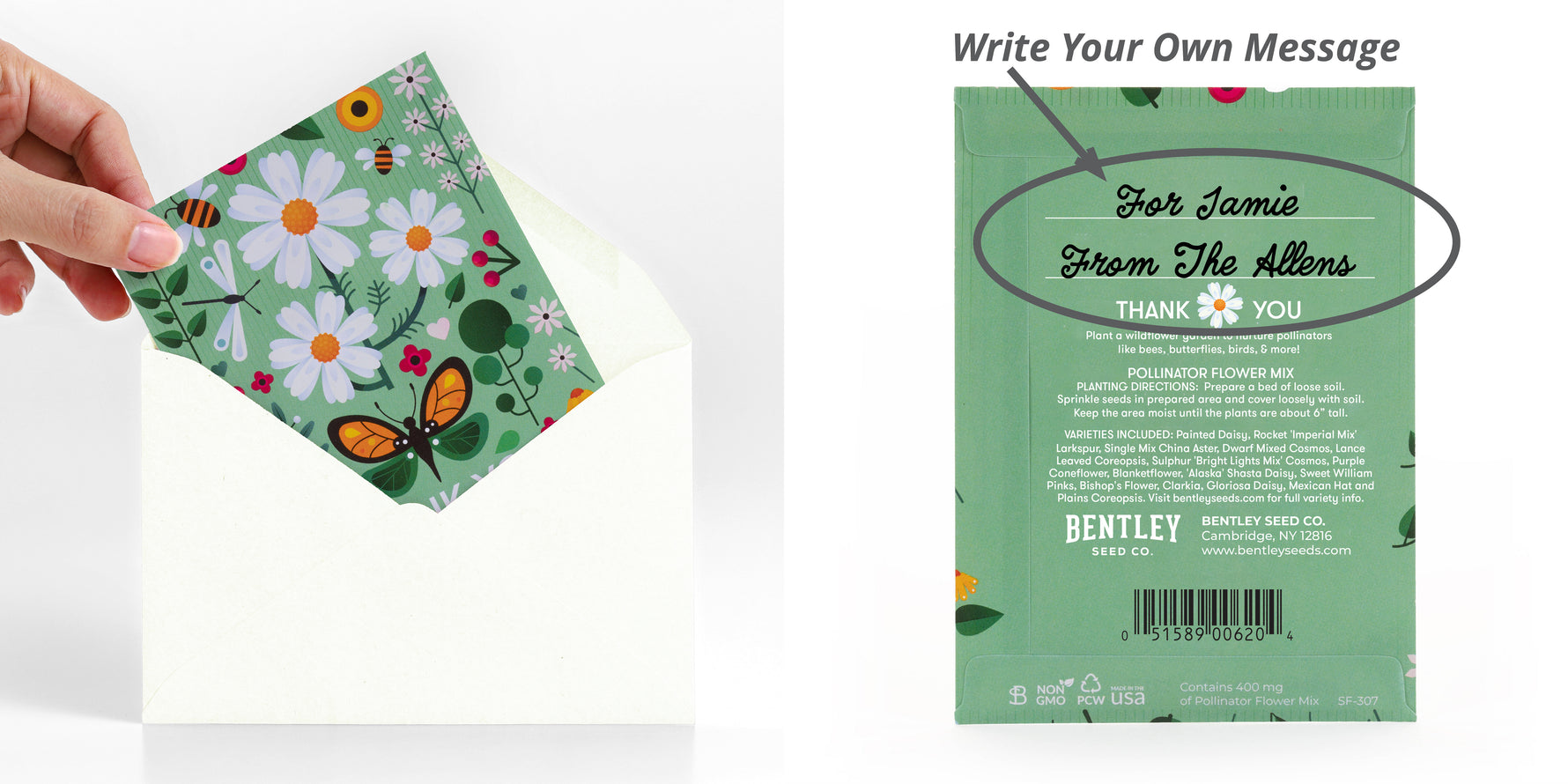 Thank You Today and Everyday Pollinator Wildflower Mix Seed Packet - Write Your Own Personalized Message - fits into an envelope with no additional postage required - Bentley Seed