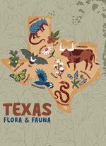 Map of Texas with illustrations of flora and fauna on a textured background
