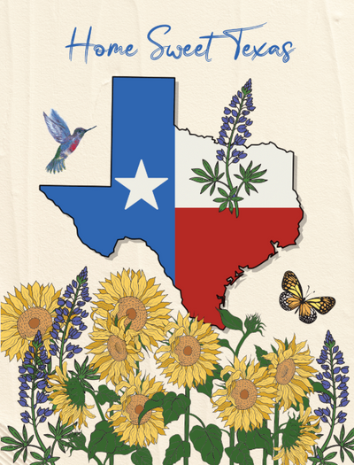 Seed Packet with light Yellow background and an image of the Texas map with Sunflower, hummingbird, butterfly and bluebonnet.
