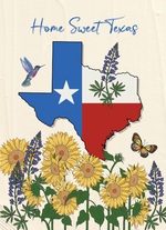 Seed Packet with light Yellow background and an image of the Texas map with Sunflower, hummingbird, butterfly and bluebonnet.