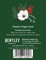 Bentley Seed Co. Flanders Poppy Seeds packaging with planting instructions and brand details on a green background.