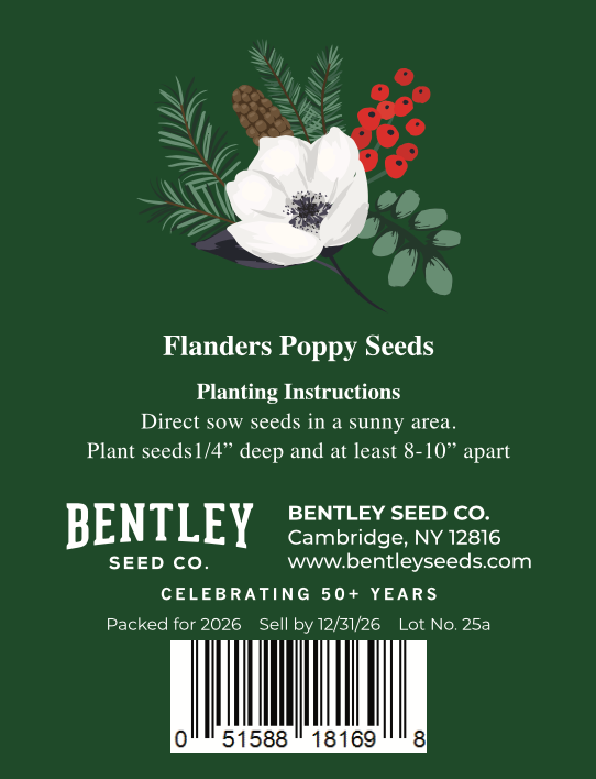 Bentley Seed Co. Flanders Poppy Seeds packaging with planting instructions and brand details on a green background.