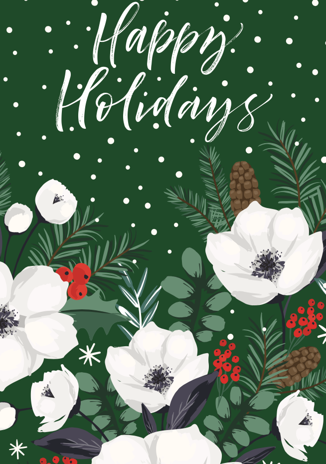 Holiday card with white flowers, green leaves, red berries, and 'Happy Holidays' text on a green background.