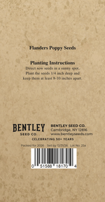 Back of a seed packet with Flanders Poppy Seeds planting instructions and Bentley Seed Co. branding.