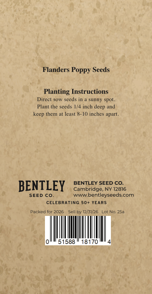 Back of a seed packet with Flanders Poppy Seeds planting instructions and Bentley Seed Co. branding.