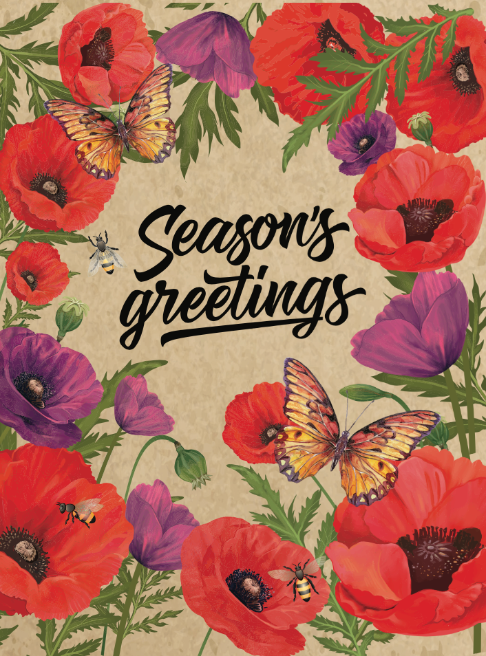 Season's greetings card with red poppies, purple flowers, and butterflies on a beige background.