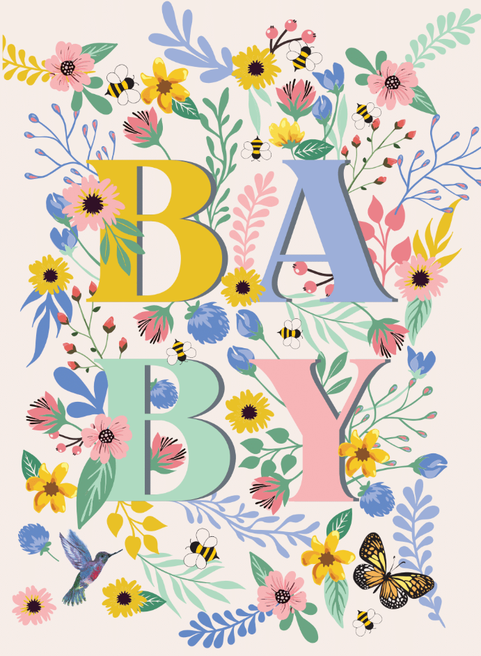 Wildflower seed packet featuring vibrant, colorful text spelling “BABY,” surrounded by sweet illustrations of blooming wildflowers, buzzing bees, delicate butterflies, and graceful hummingbirds.