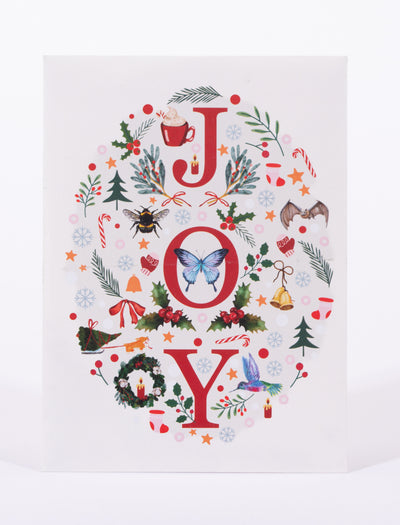 Decorative poster with 'JOY' surrounded by Christmas-themed illustrations on a white background