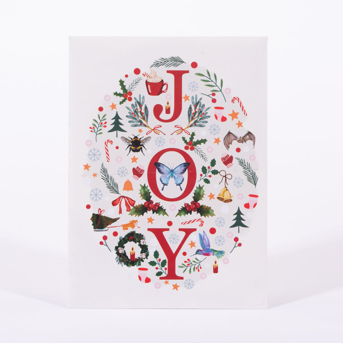Decorative poster with 'JOY' surrounded by Christmas-themed illustrations on a white background