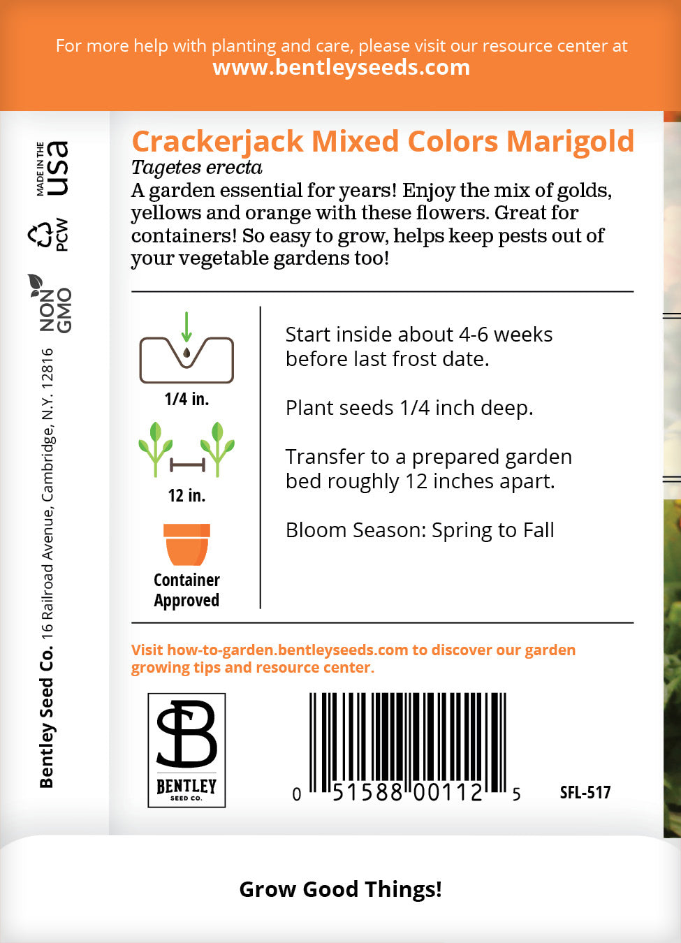 Marigold, Crackerjack Mixed Colors Seed Packets | Bentley Seeds