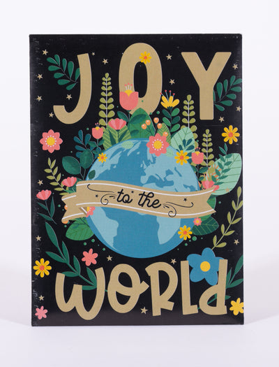 Decorative seed packet with 'Joy to the World' text and a globe surrounded by flowers on a black background.