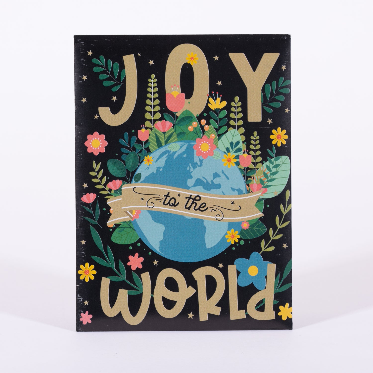 Decorative seed packet with 'Joy to the World' text and a globe surrounded by flowers on a black background.