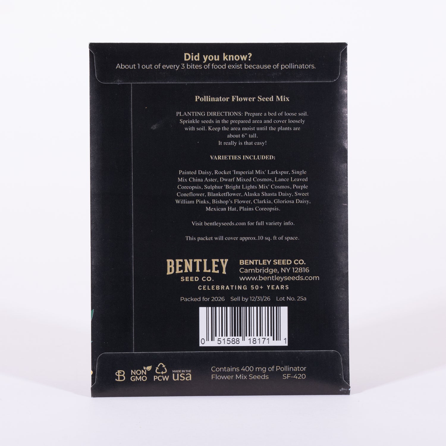 Back of a seed packet with text and branding, featuring the Bentley Seed Co. logo.