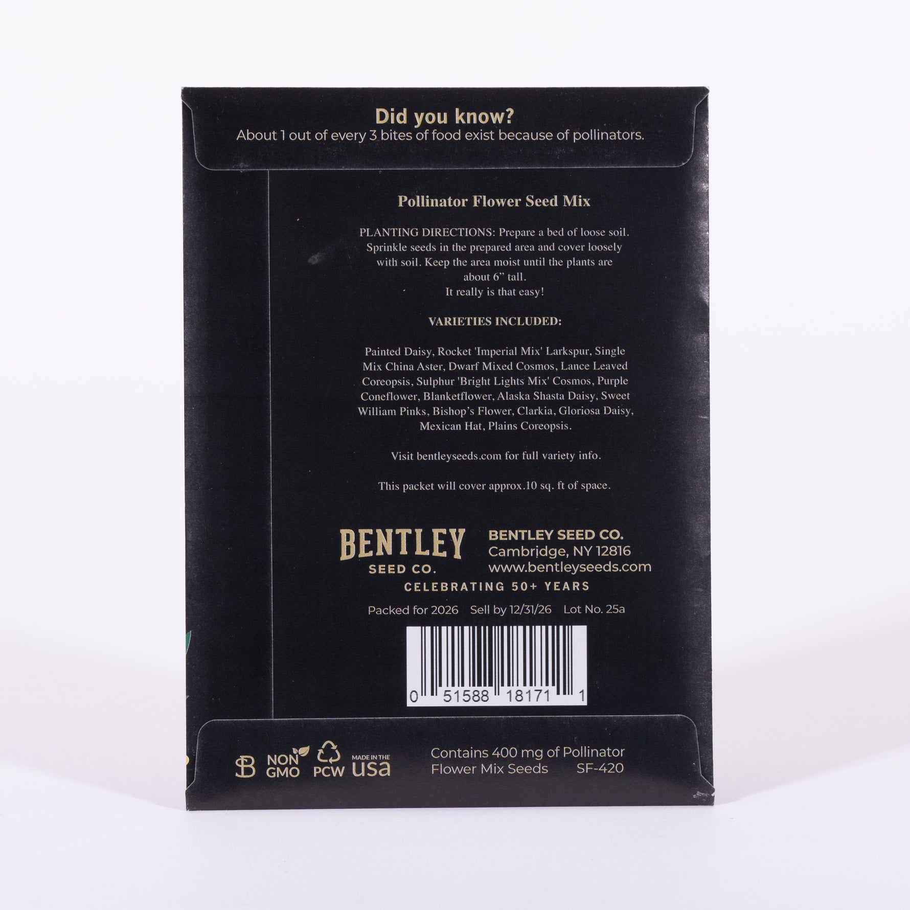 Back of a seed packet with text and branding, featuring the Bentley Seed Co. logo.