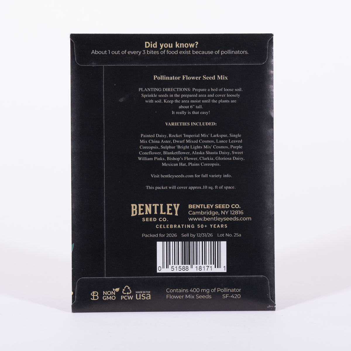Back of a seed packet with text and branding, featuring the Bentley Seed Co. logo.