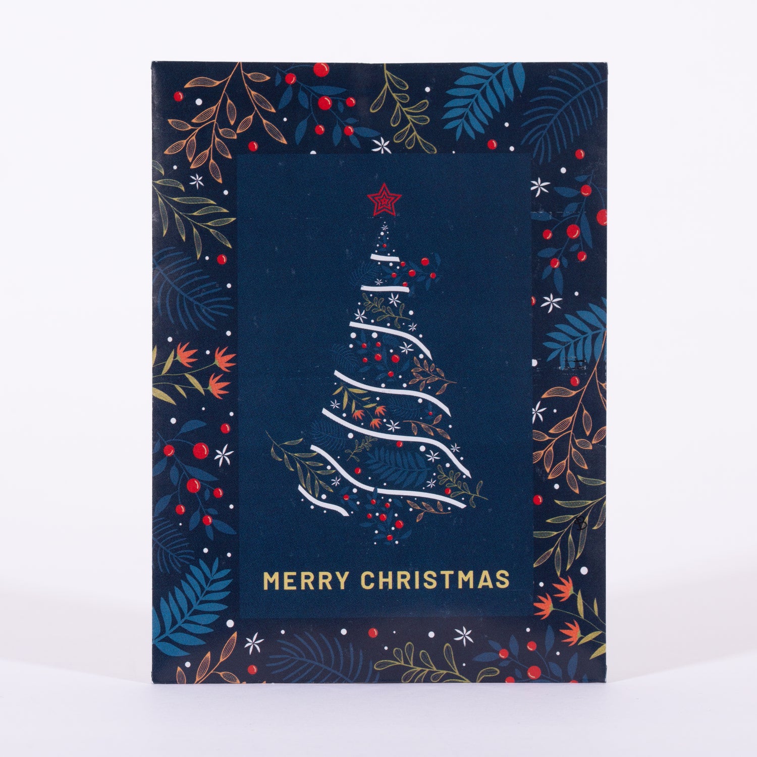 Christmas card with a tree design and 'Merry Christmas' text on a dark blue background.