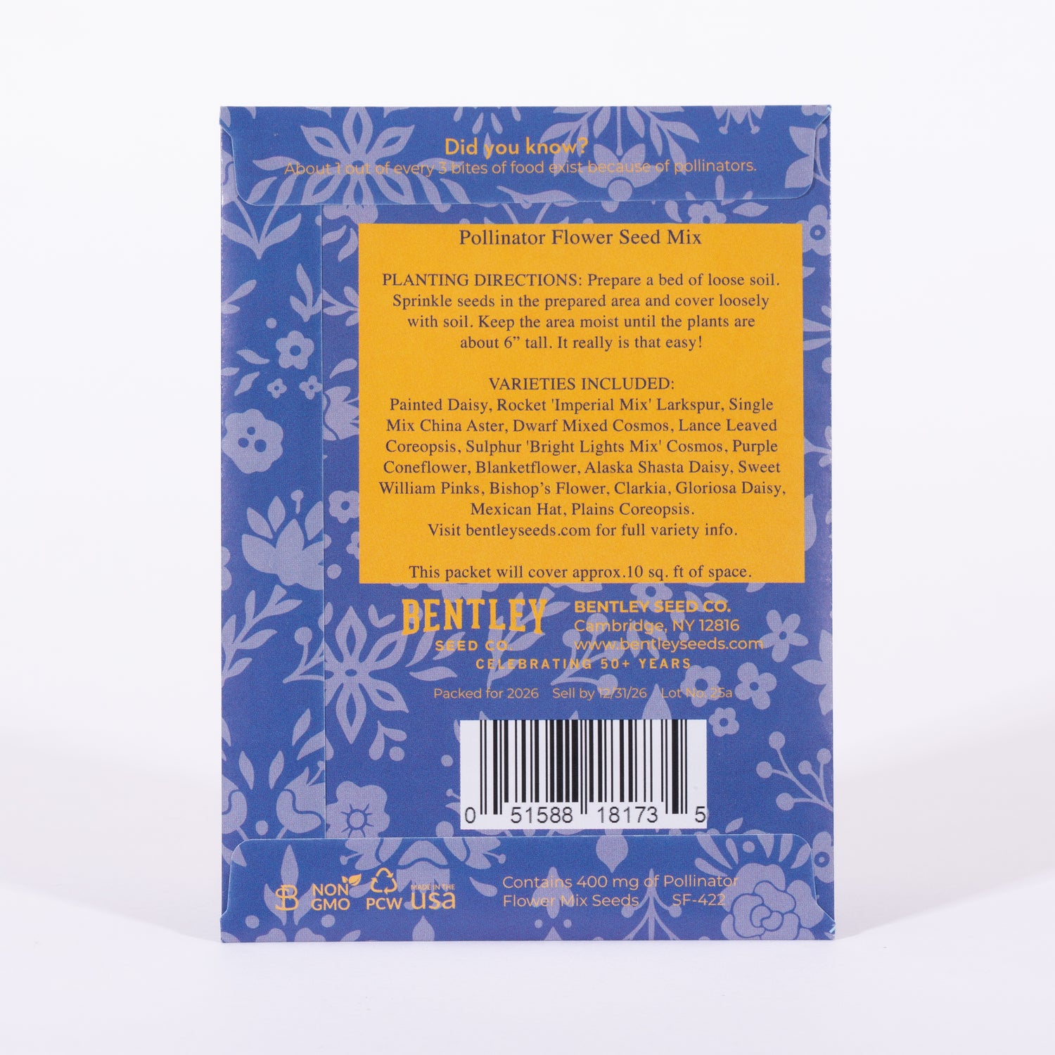 Back of a seed packet with floral design and text on a white background