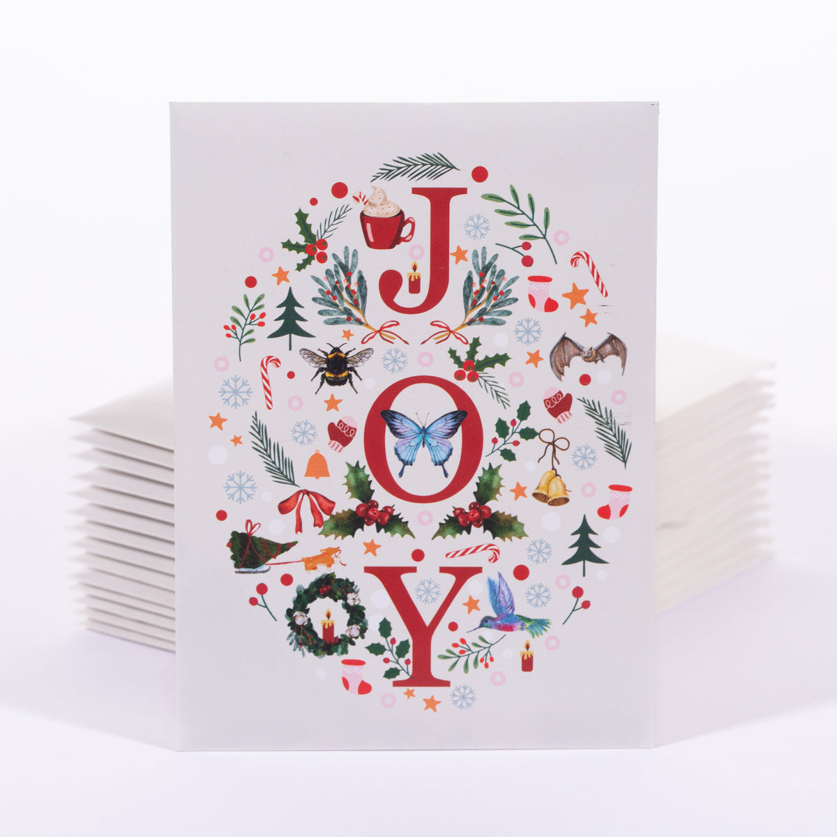 Christmas-themed card with decorative 'JOY' text on a white background