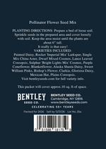 Back of a Bentley Seed Co. pollinator flower seed mix packet with planting directions and variety list.