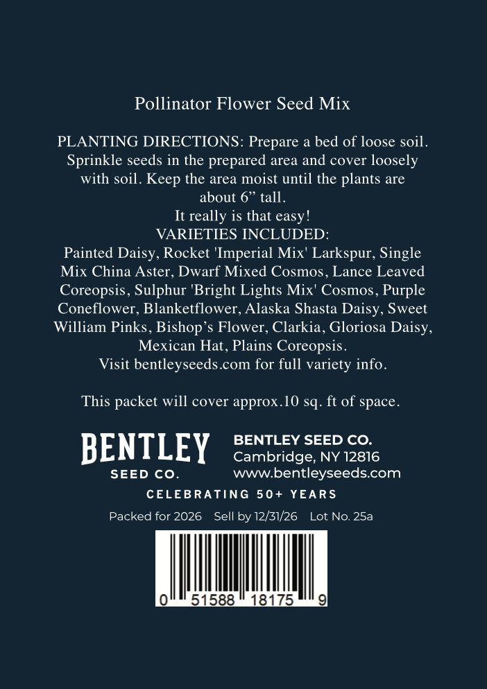 Back of a Bentley Seed Co. pollinator flower seed mix packet with planting directions and variety list.