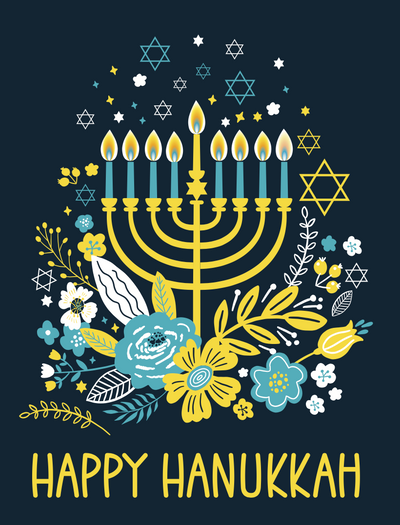 Happy Hanukkah card with a Menorah, flowers, and stars on a dark blue background