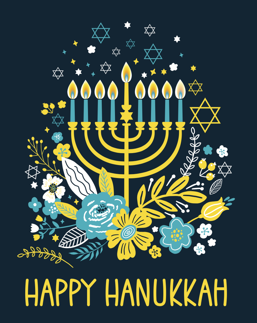 Happy Hanukkah card with a Menorah, flowers, and stars on a dark blue background