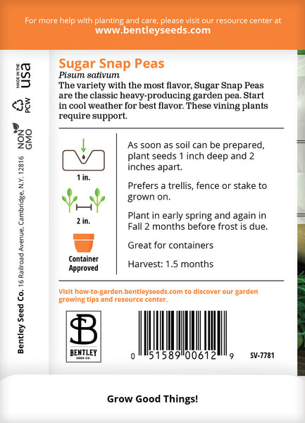 Peas, Sugar Snap Seed Packets | Bentley Seeds