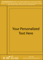 Yellow seed packet with planting instructions and a customizable label area in the center displaying placeholder text ‘Your personalized text here’.