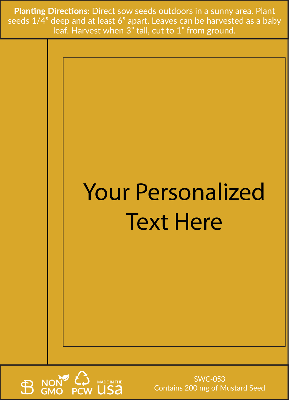 Yellow seed packet with planting instructions and a customizable label area in the center displaying placeholder text ‘Your personalized text here’.