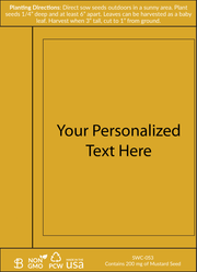 Yellow seed packet with planting instructions and a customizable label area in the center displaying placeholder text ‘Your personalized text here’.