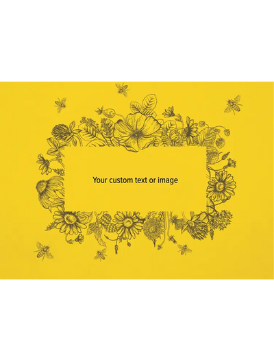 Yellow background with floral and bee design and customizable text area.