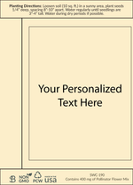 Yellow seed packet with planting instructions and a customizable label area in the center displaying placeholder text ‘Your Personalized Text Here’