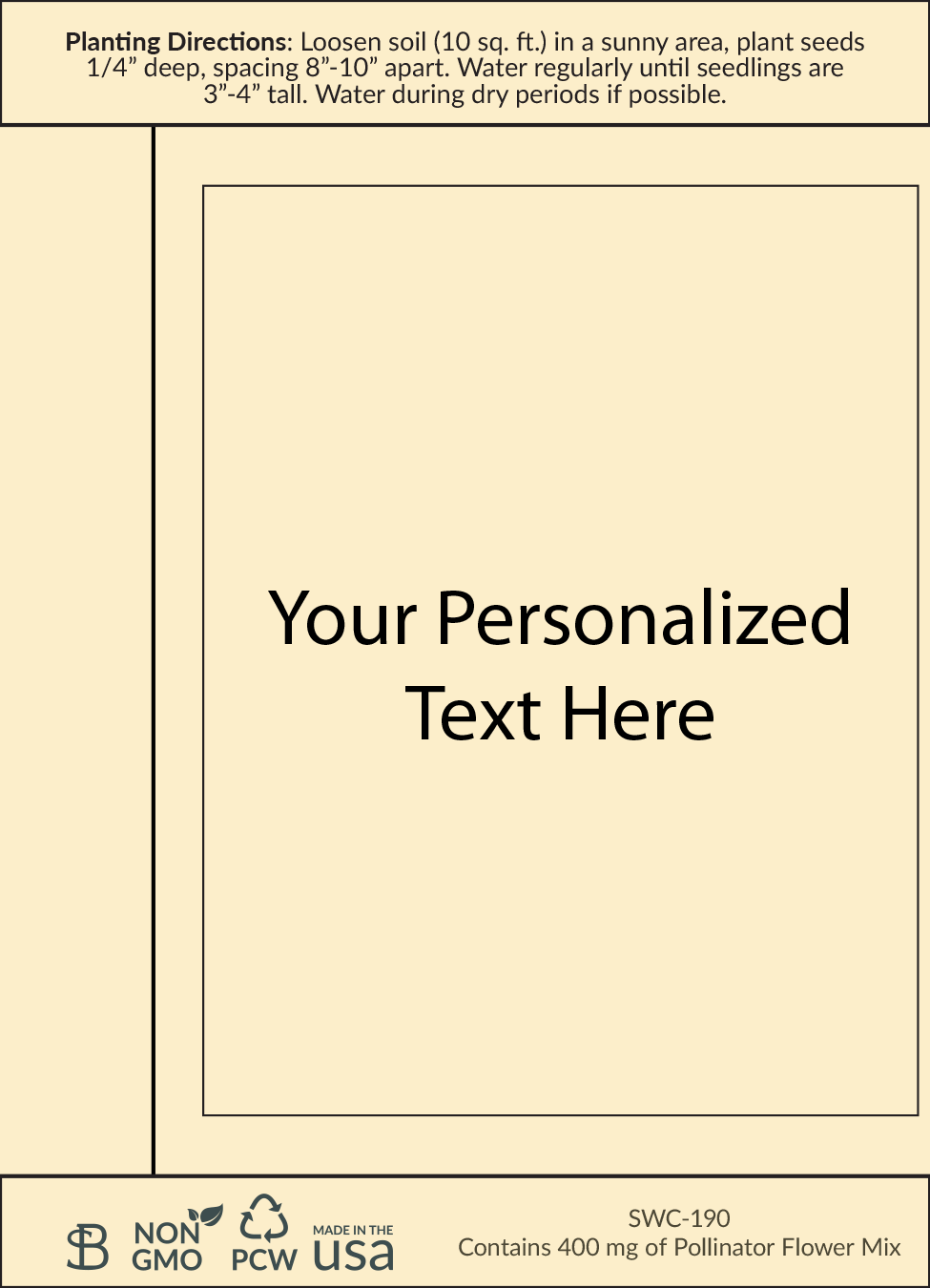 Yellow seed packet with planting instructions and a customizable label area in the center displaying placeholder text ‘Your Personalized Text Here’