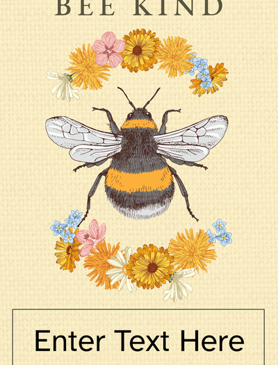 Yellow texture patterned seed packet with an illustration of a bee and flowers, and a customizable label area on the front displaying placeholder text ‘Enter Text Here’
