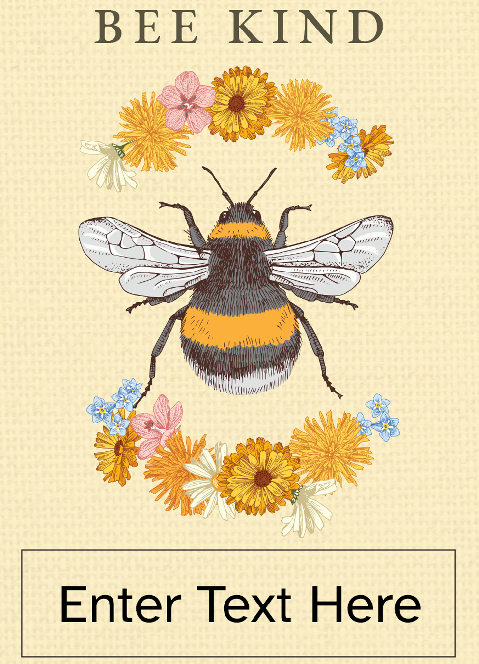 Yellow texture patterned seed packet with an illustration of a bee and flowers, and a customizable label area on the front displaying placeholder text ‘Enter Text Here’